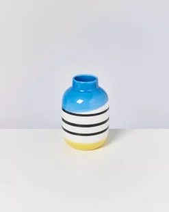 Fashion Nuno Vase M Schwarz-Weis Gestreift Mit Blau Vasen
